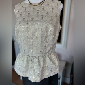 H&M Top - Beige Gold Metallic Peplum Sleeveless Round Neck Vintage Style Size 14